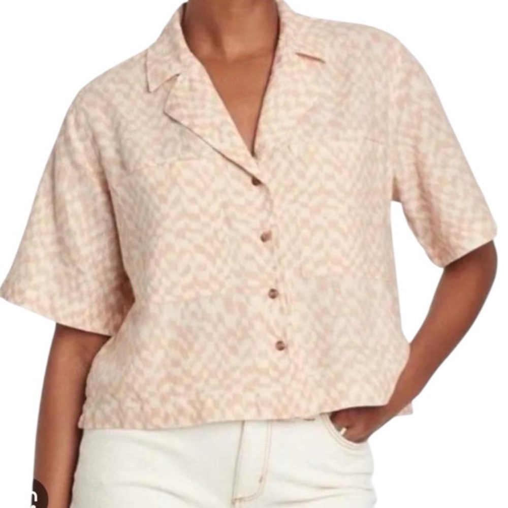 Universal Thread Button Down Shirt Women Small Tan Linen Blend Checkered